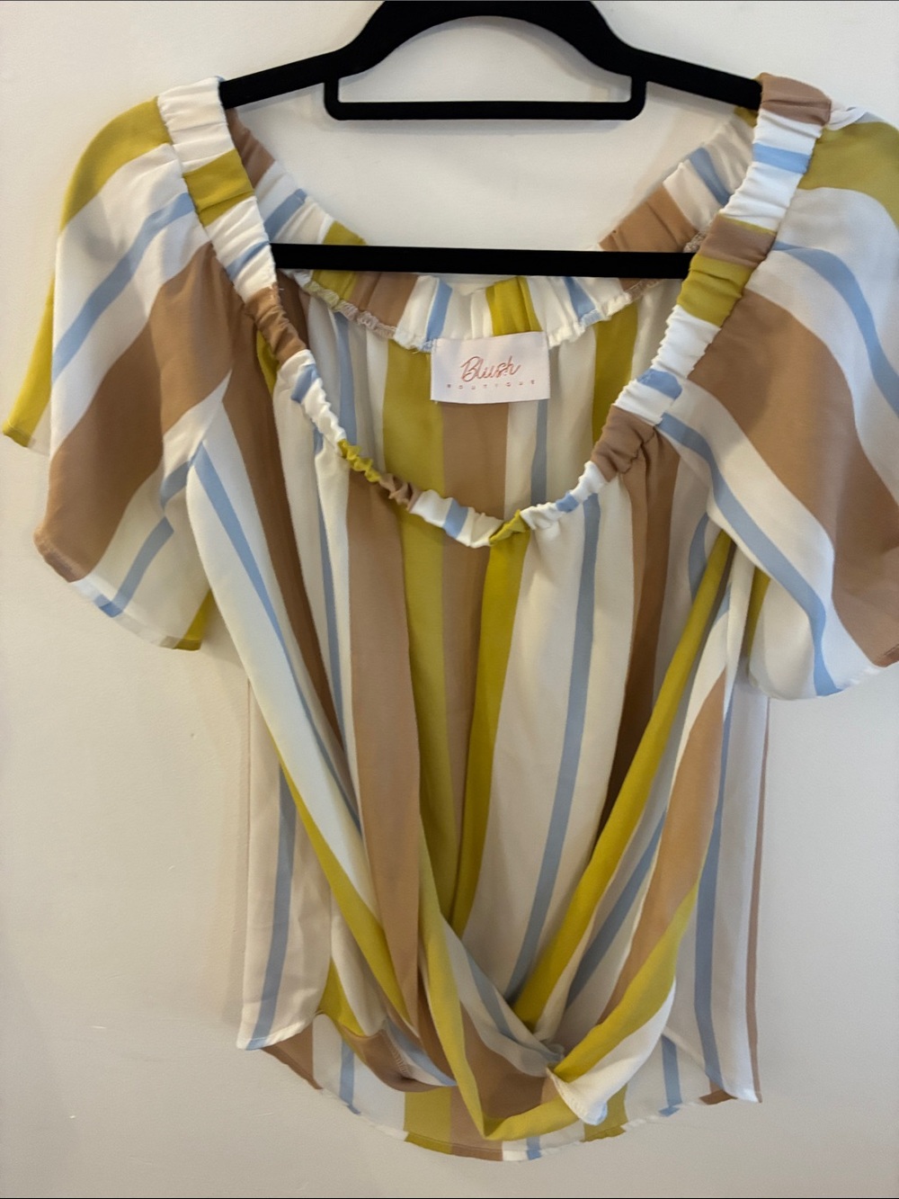 Striped Peasant Top — Yellow, Cream & Blue On or Off Soulders Sz L Worn 1X
